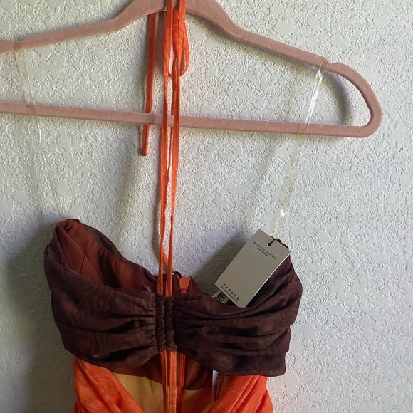 Mistress Rocks Let Me Go Chocolate Orange Print Ruched Halter Mini Dress Size S - Picture 5 of 13